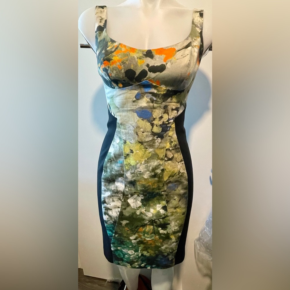 Black Halo Sadie Watercolor Blue and Green Abstract Print Knee-Length Dress sz 4